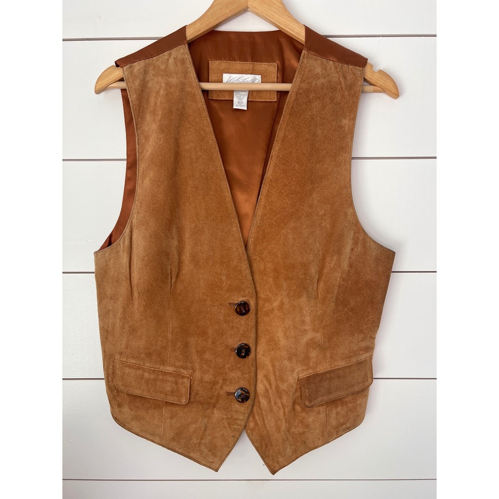 Vintage Lord & Taylor Brown Suede Leather Vest Size 12 Cinch Back Boho Western